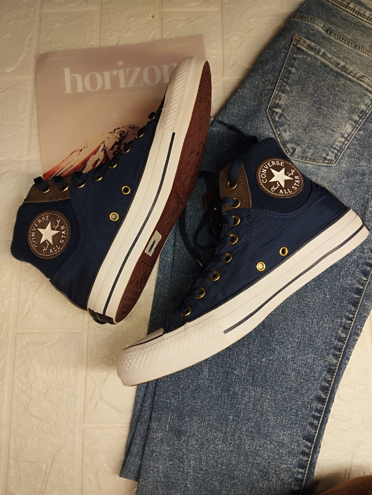 Navy blue and brown high rise converse